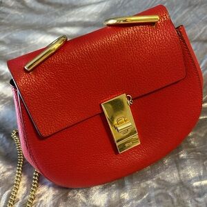 Chloe Red Leather Small Crossbody Saddle Bag with Gold Hardware